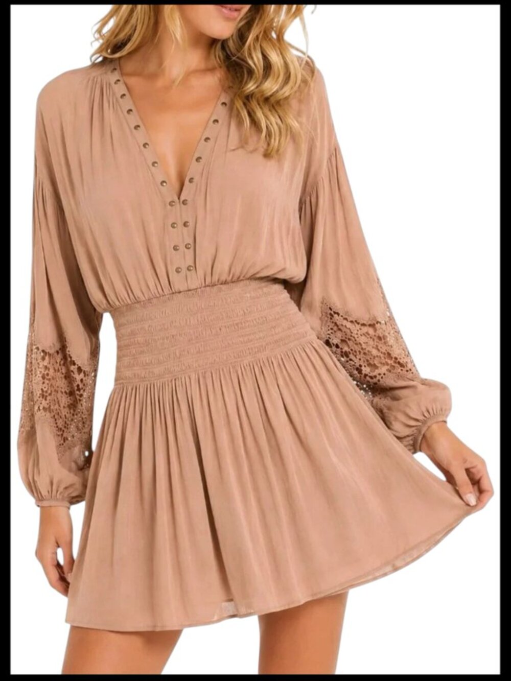 Ramy Brook Vaira Mini Dress Tan Studded Smocked Waist XS